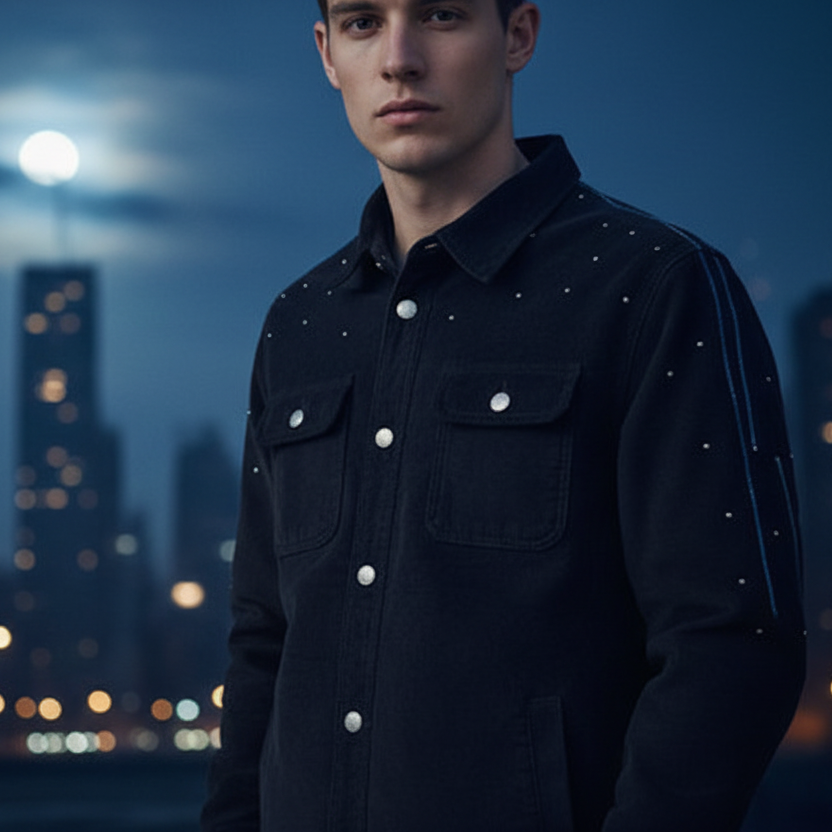 Man wearing a dark jacket with a Loria NYC Art skyline and moonlit sky in the background 