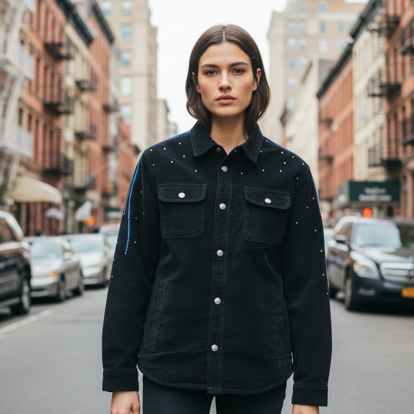 Woman wearing a blue Loria NYC Art jacket on a city street