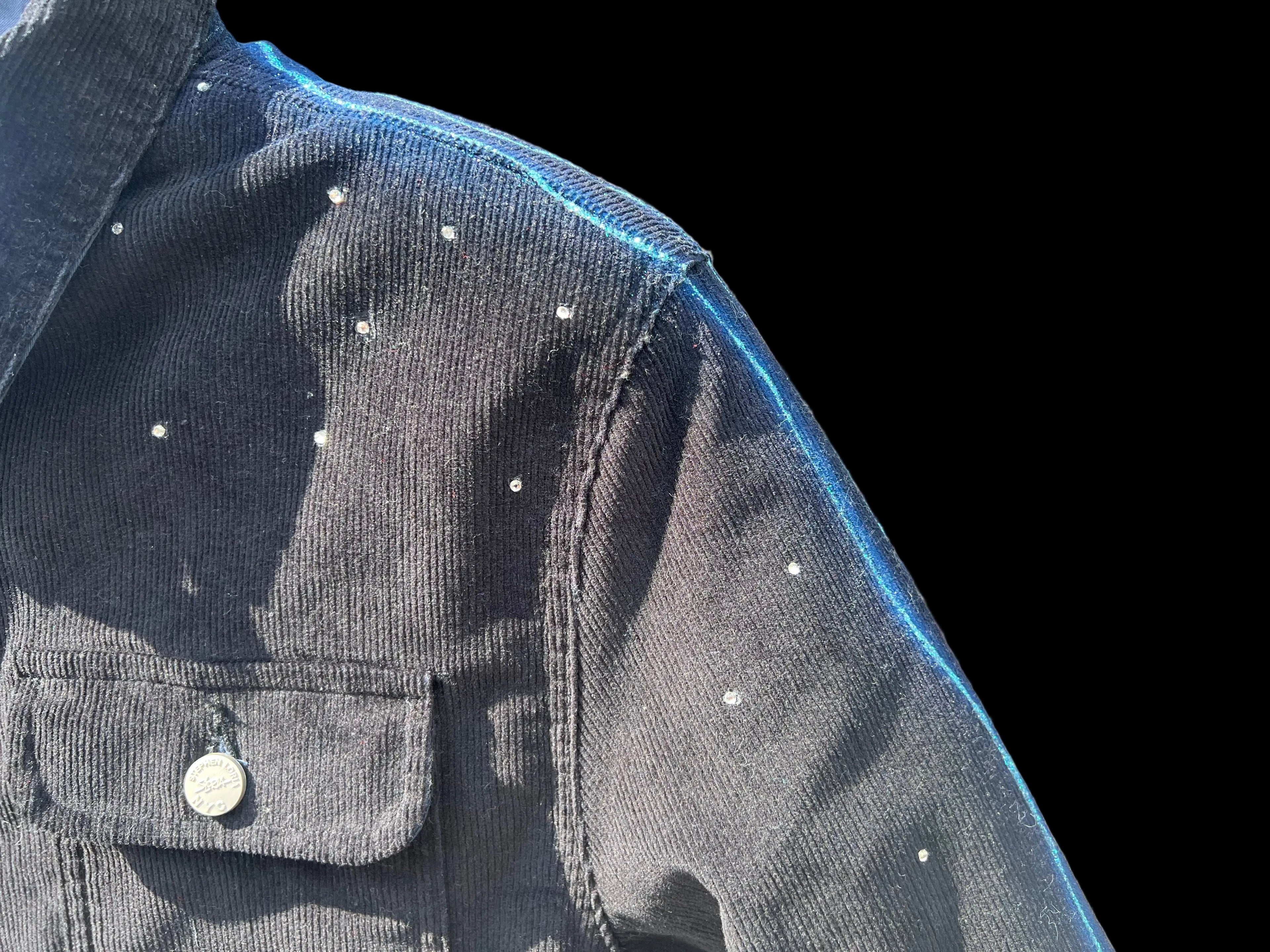 Close-up of a dark denim jacket with white buttons against a blurred natural background