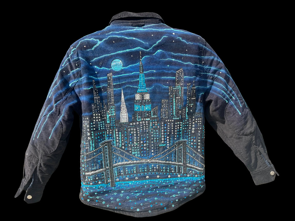 Jacket with a cityscape Loria NYC Art design on a grey background 