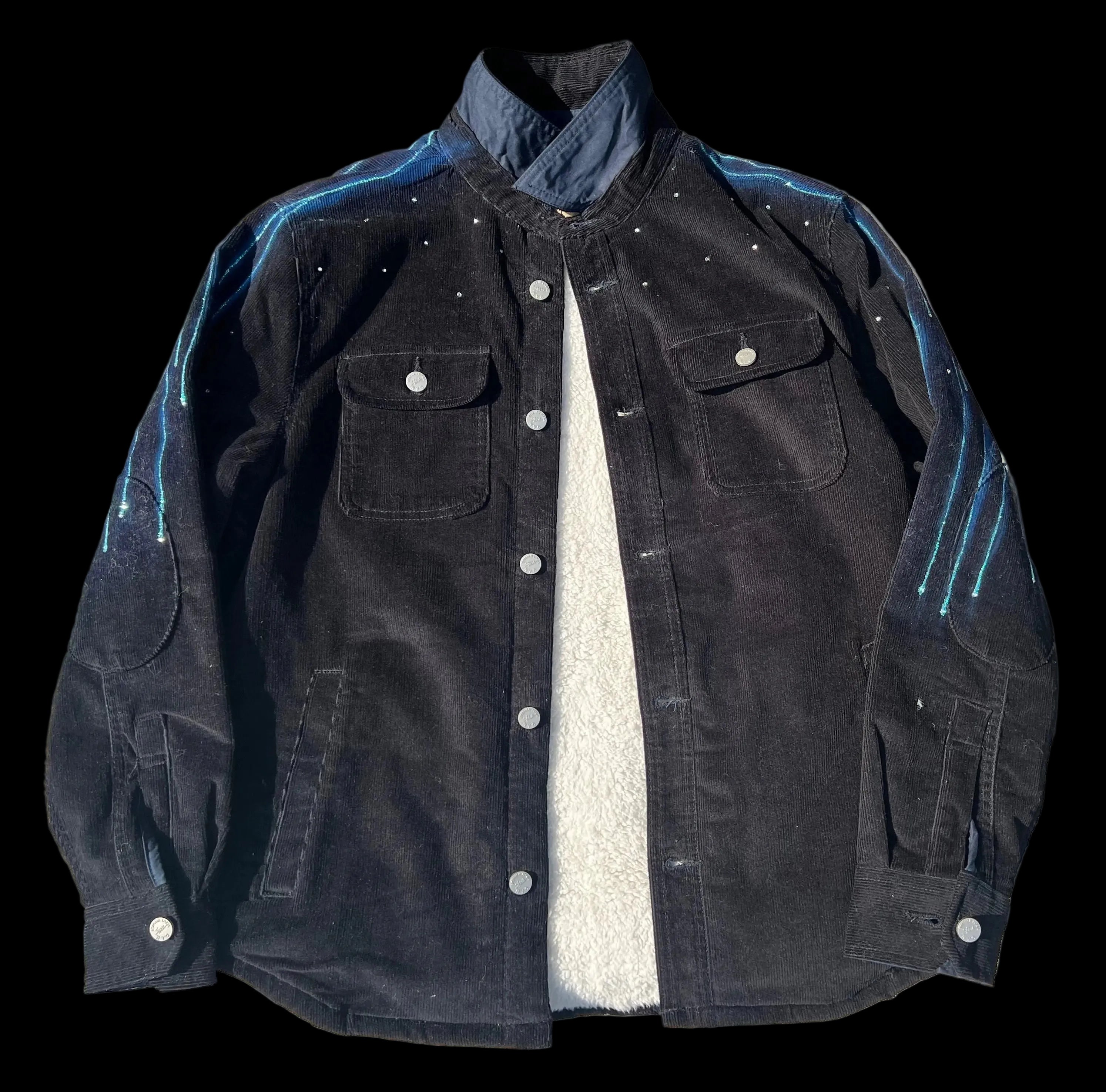 Open front Blue denim jacket on a black background 