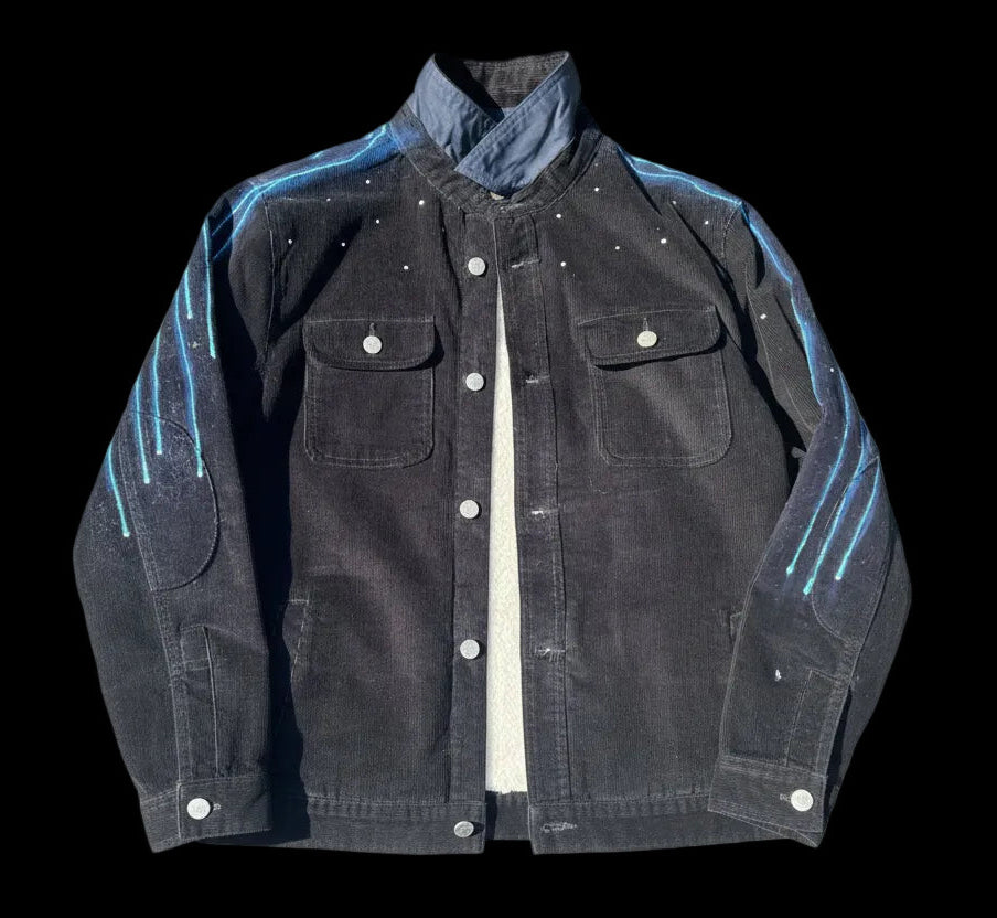 Blue Loria NYC Art jacket with white background with reflective surface