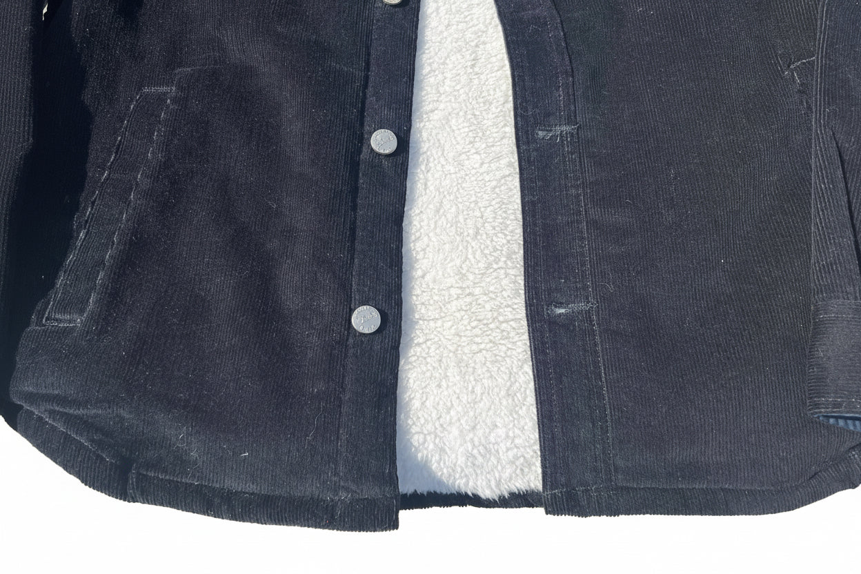 Dark denim Loria NYC Art jacket with white fleece lining on a light background