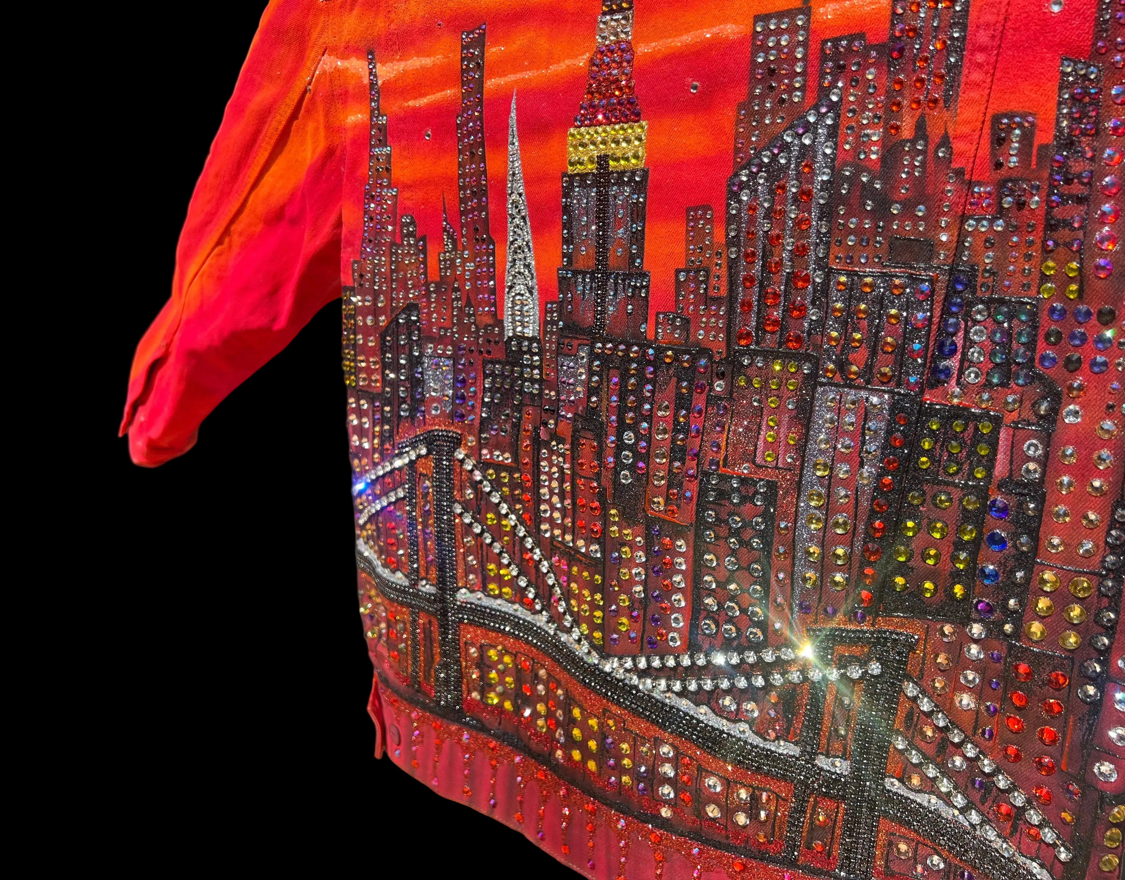 Decorative fabric with a cityscape Loria NYC Art design on a black background.