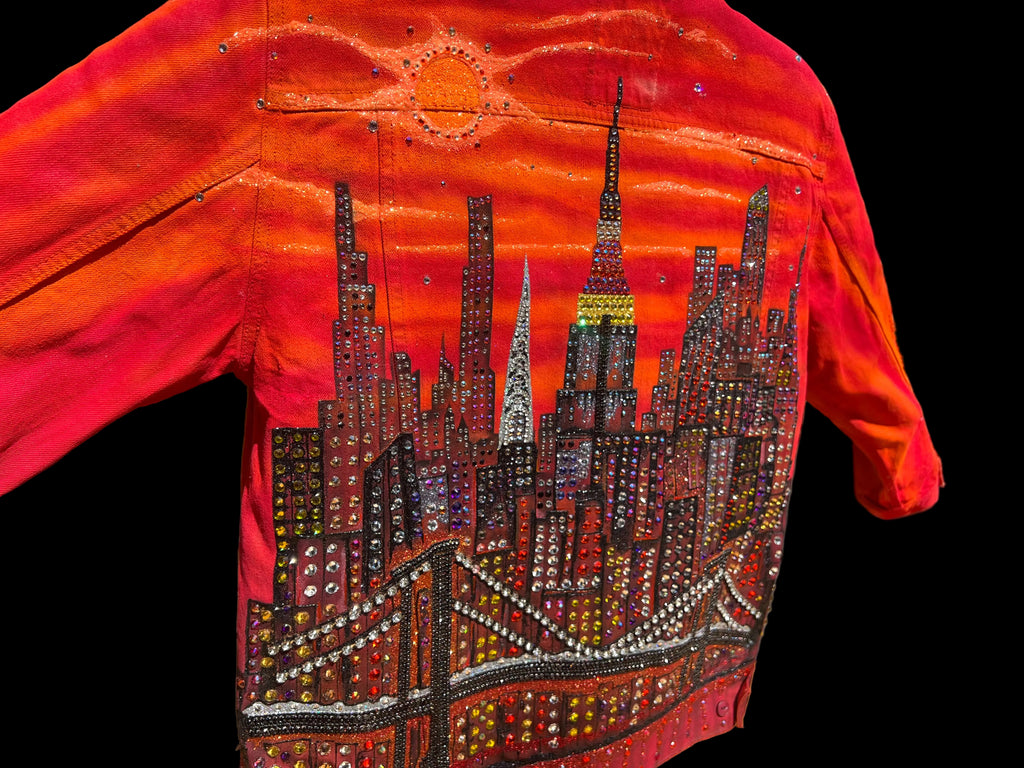Colorful shirt with a cityscape Loria NYC Art design on a black background 