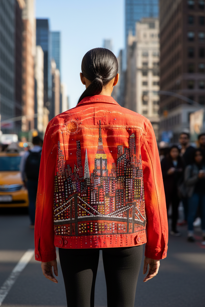 Person wearing a red jacket with a cityscape Loria NYC Art design in an urban setting