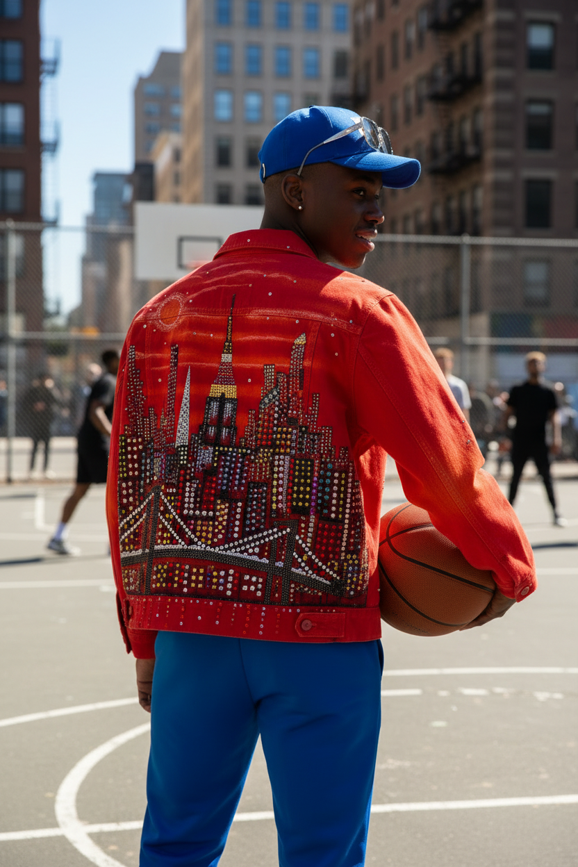 Man wearing an orange Loria NYC Art jacket in an urban setting.