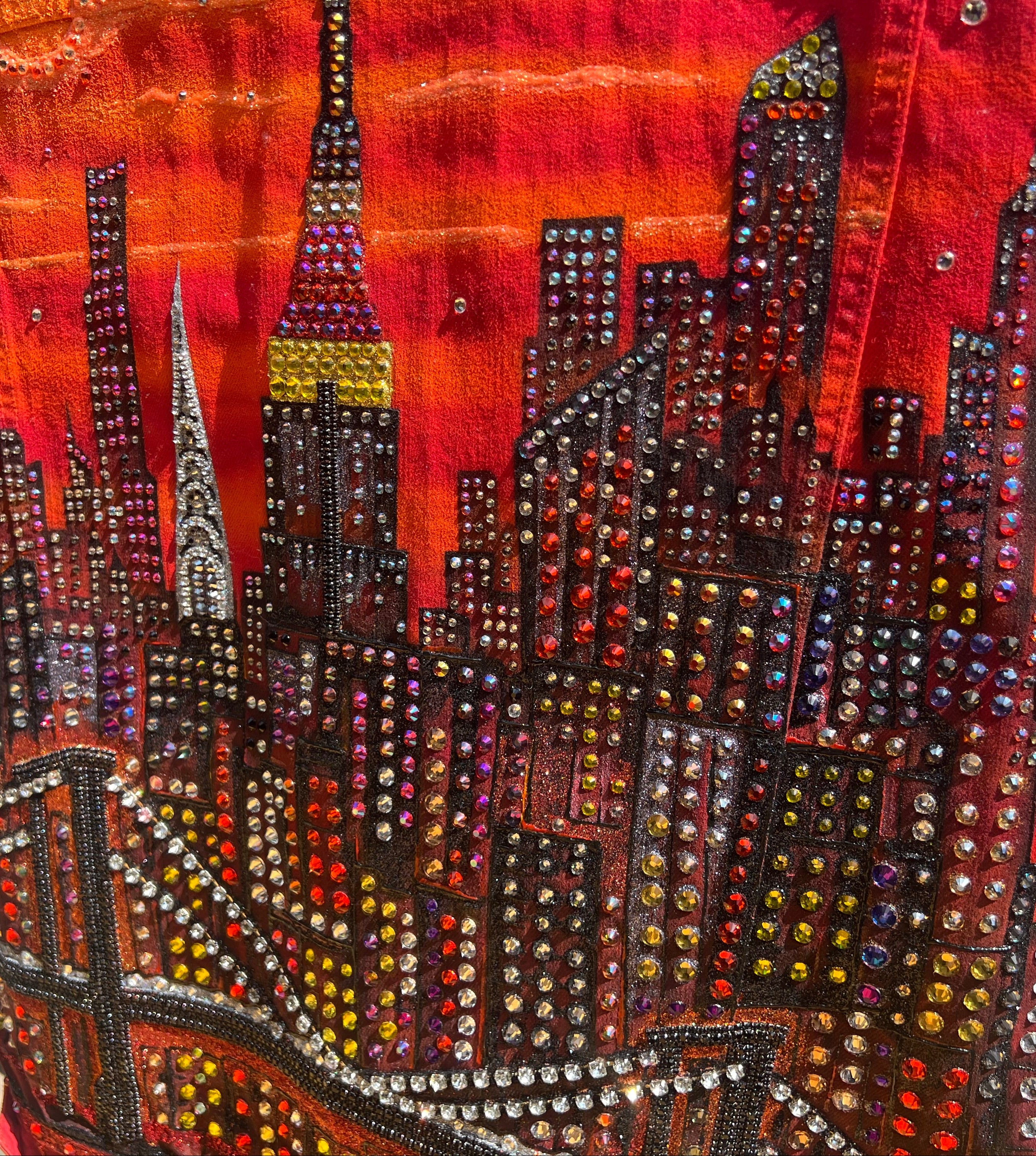 Red shirt with a beaded cityscape Loria NYC Art  design