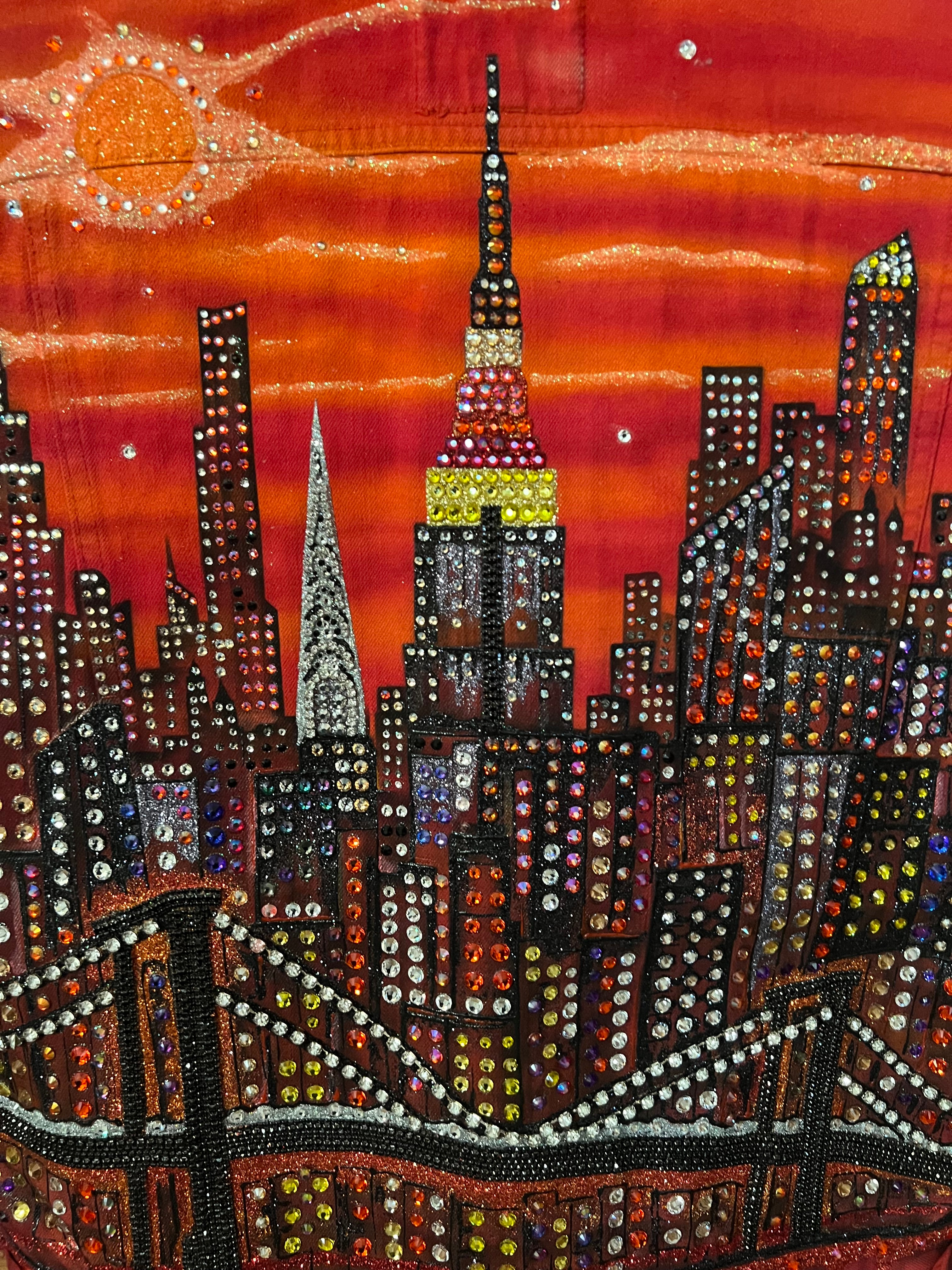 Decorative fabric with beadwork on a Loria NYC Art orange background