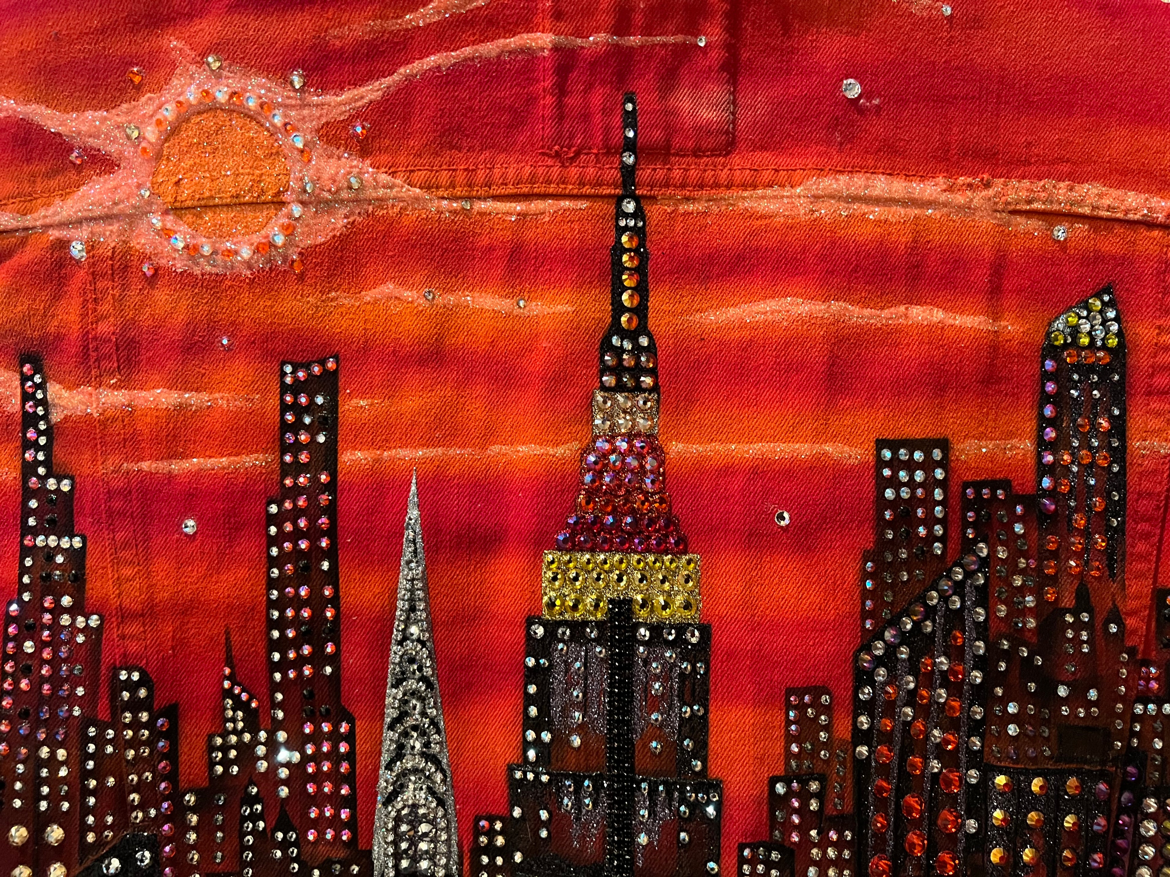 Decorative Loria NYC Art cityscape with embellishments on a red background