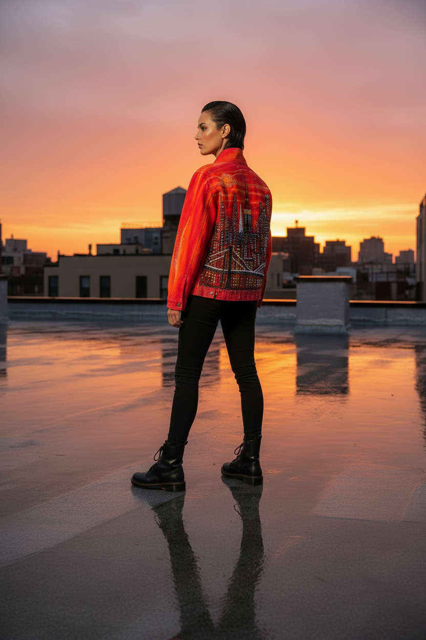 Person wearing a red Loria NYC Art jacket standing on a rooftop with a cityscape and sunset in the background
