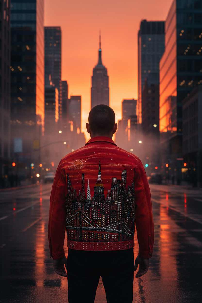 Person wearing a red jacket with a cityscape Loria NYC Art design, standing in a rain-soaked street with skyscrapers in the background during sunset.