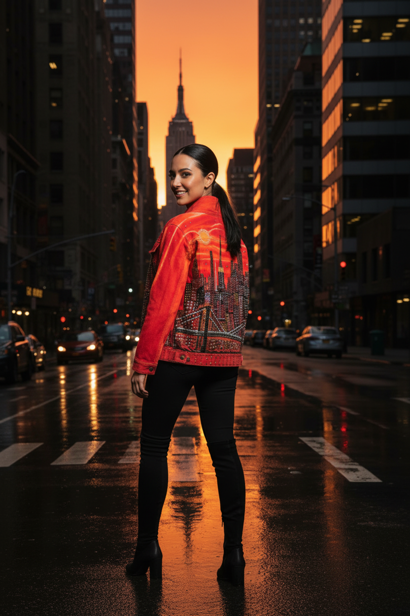 Person wearing a red sweater standing on a city street with a sunset skyline.