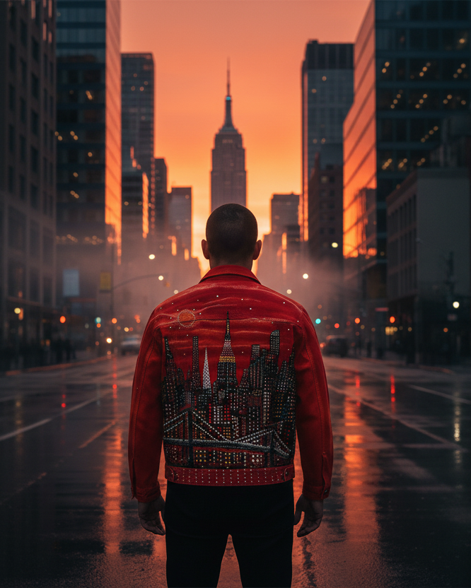 Person wearing a Loria NYC Art red jacket with a cityscape and sunset in the background