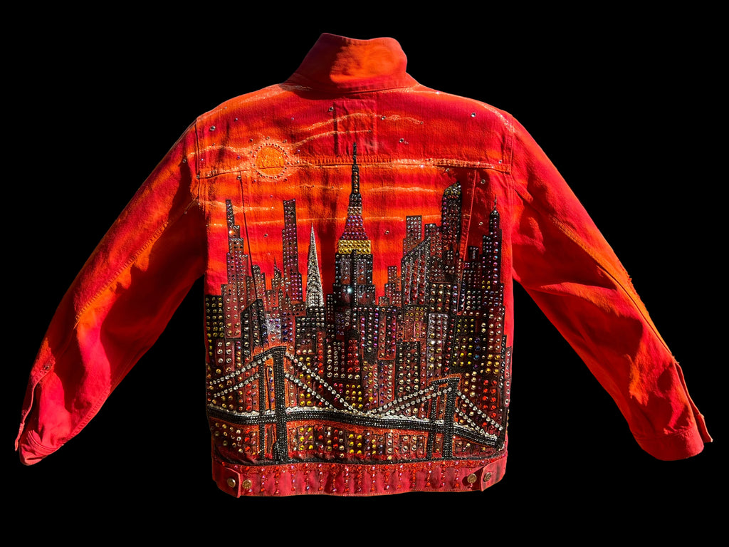 Red jacket with a cityscape Loria NYC Art design on the back, with black background 