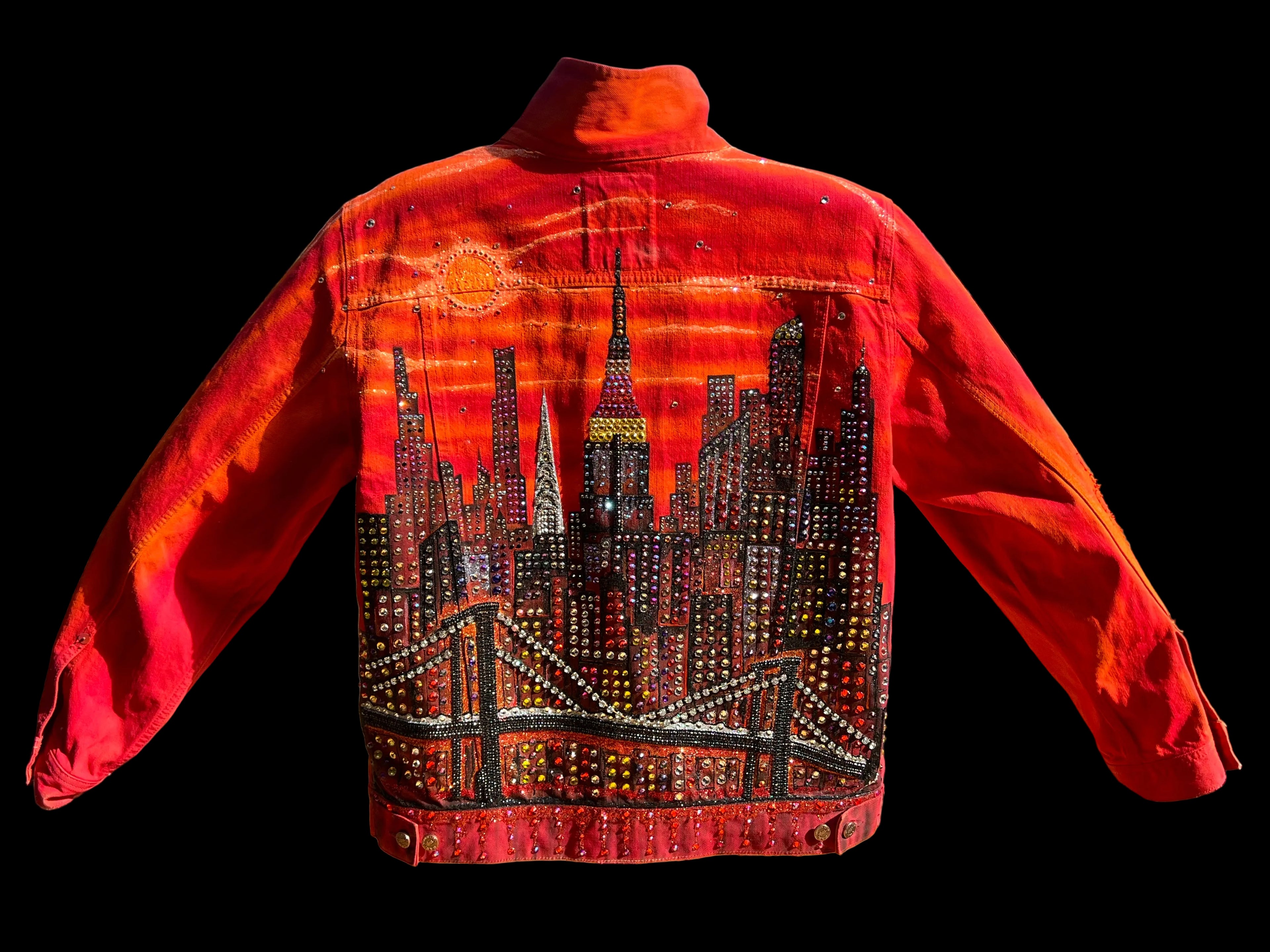 Red jacket with a cityscape Loria NYC Art design on the back, with black background 