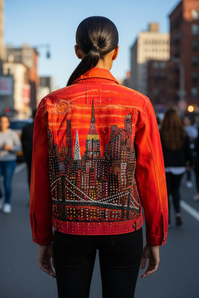 Person wearing a red jacket with a cityscape Loria NYC Art design in an urban setting