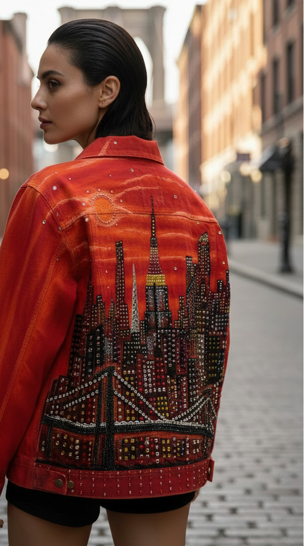 Woman wearing a red jacket with a cityscape Loria NYC Art design on a street.