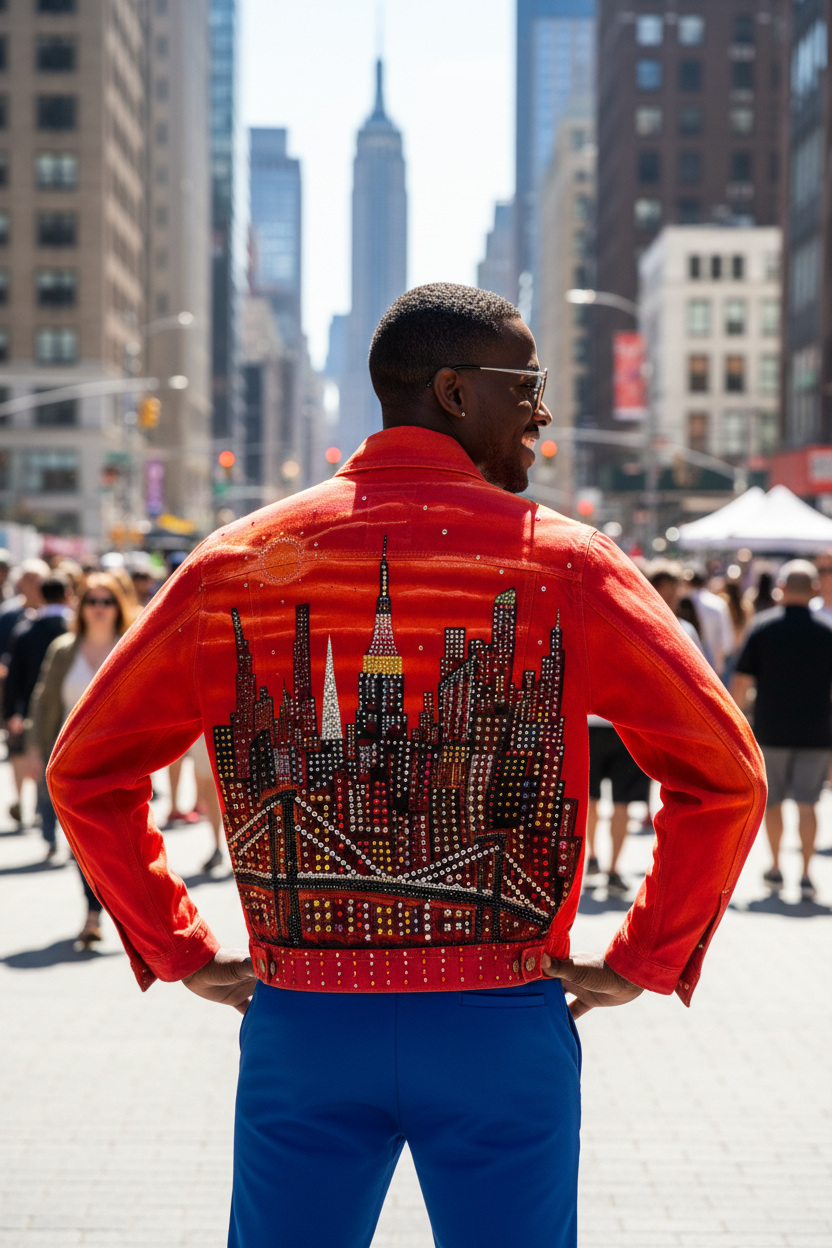Person wearing a red jacket with a cityscape Loria NYC Art design in an urban setting