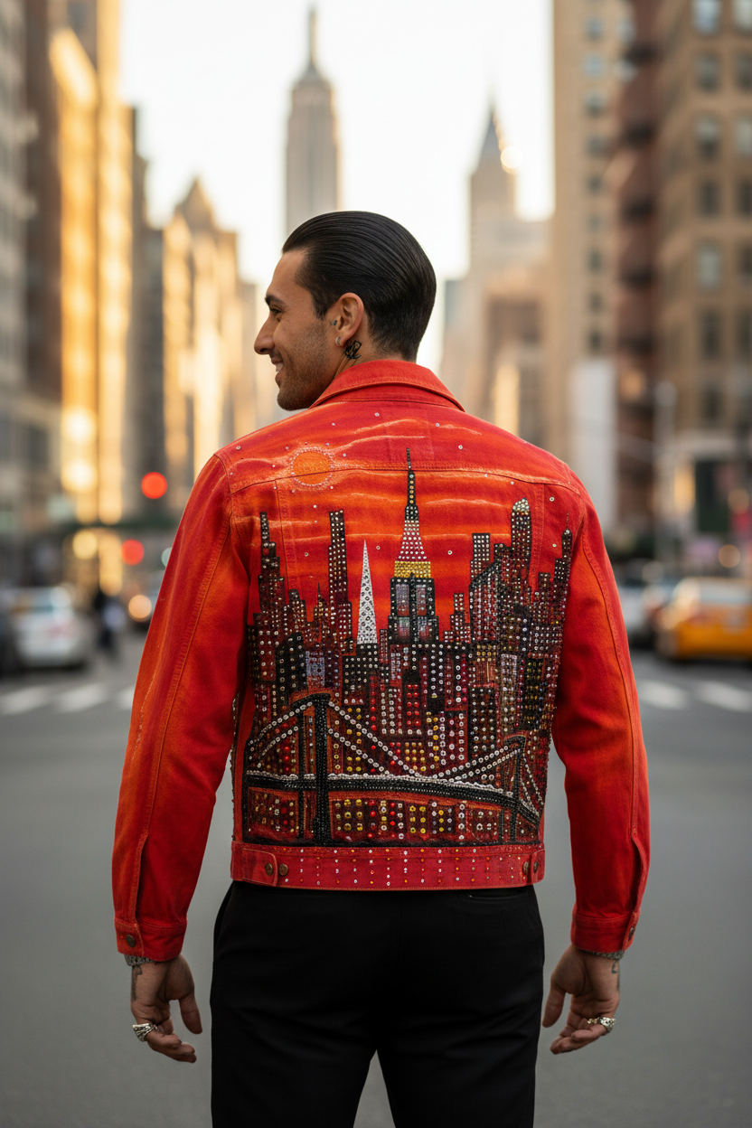 Man wearing a red Loria NYC Art jacket with a cityscape design on a city street.