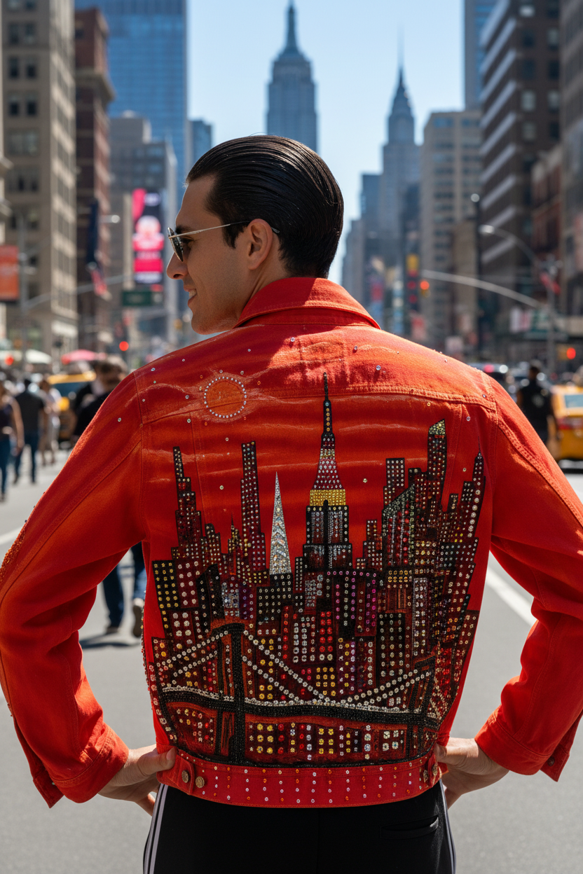 Person wearing a red jacket with a cityscape Loria NYC Art design in Times Square, New York City.