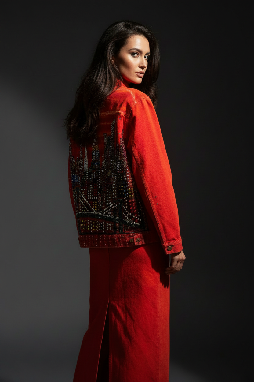 A woman wearing a vibrant red dress with a heavily embellished embroidered Loria NYC Art jacket, photographed from the back against a dark studio background.