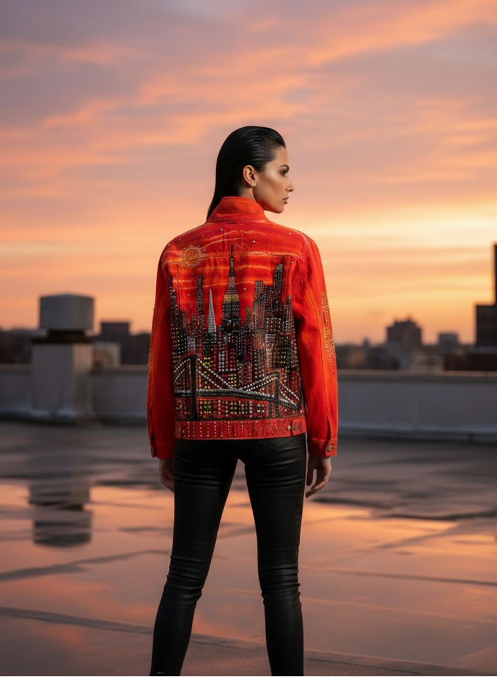 Person wearing a red Loria NYC Art jacket with a cityscape design at sunset