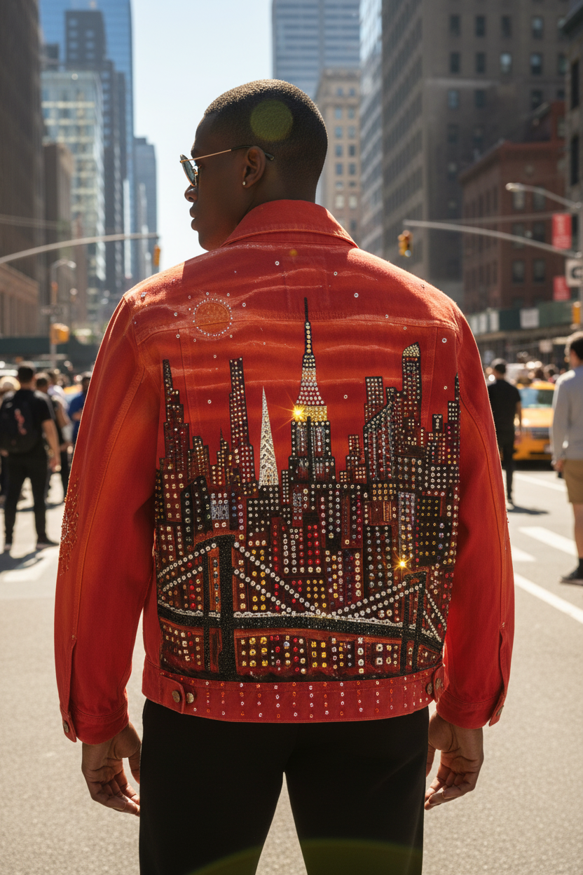 Person wearing a red jacket with a cityscape Loria NYC Art design on a city street