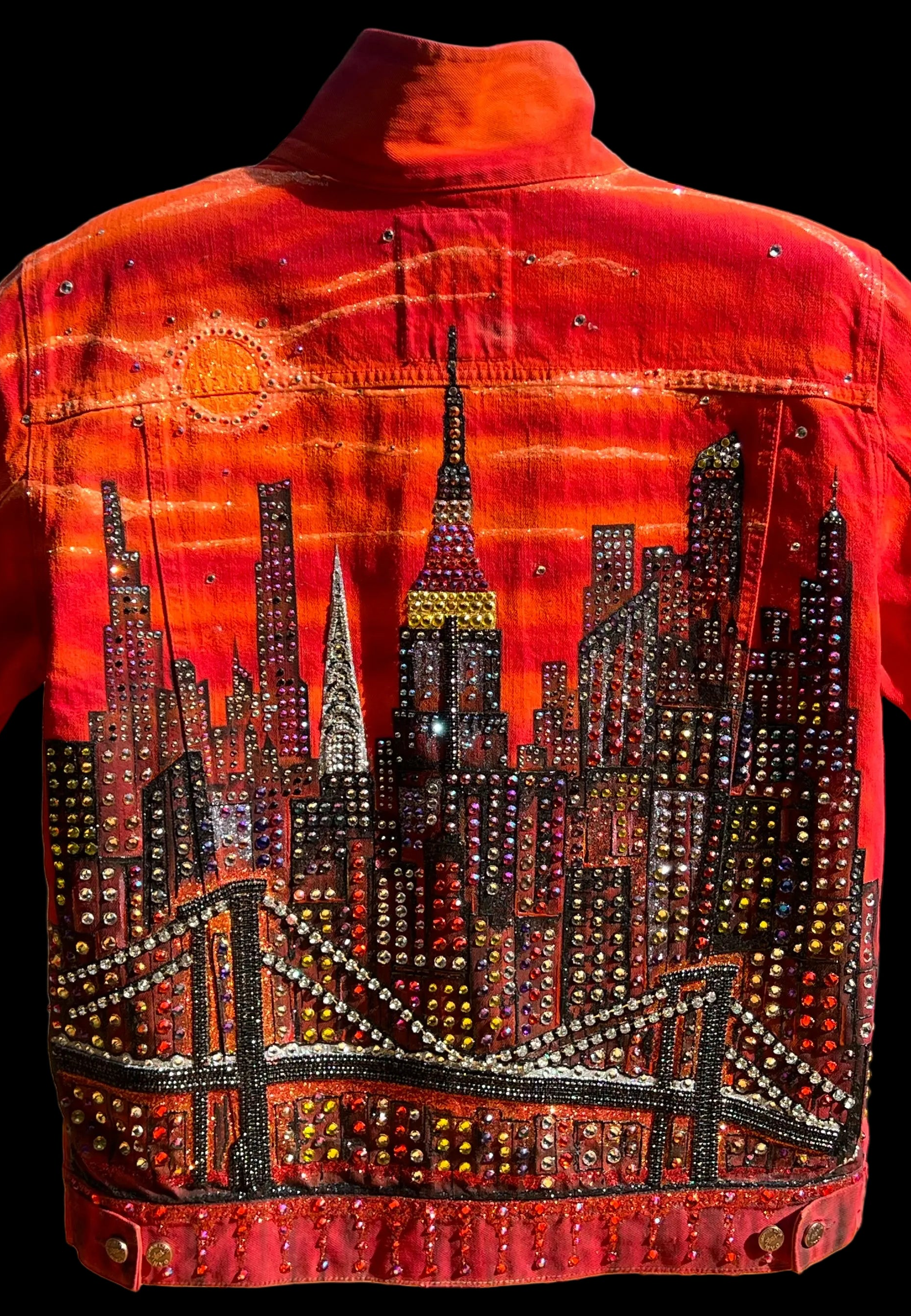 Red denim jacket with a cityscape Loria NYC Art design and rhinestones on a black background
