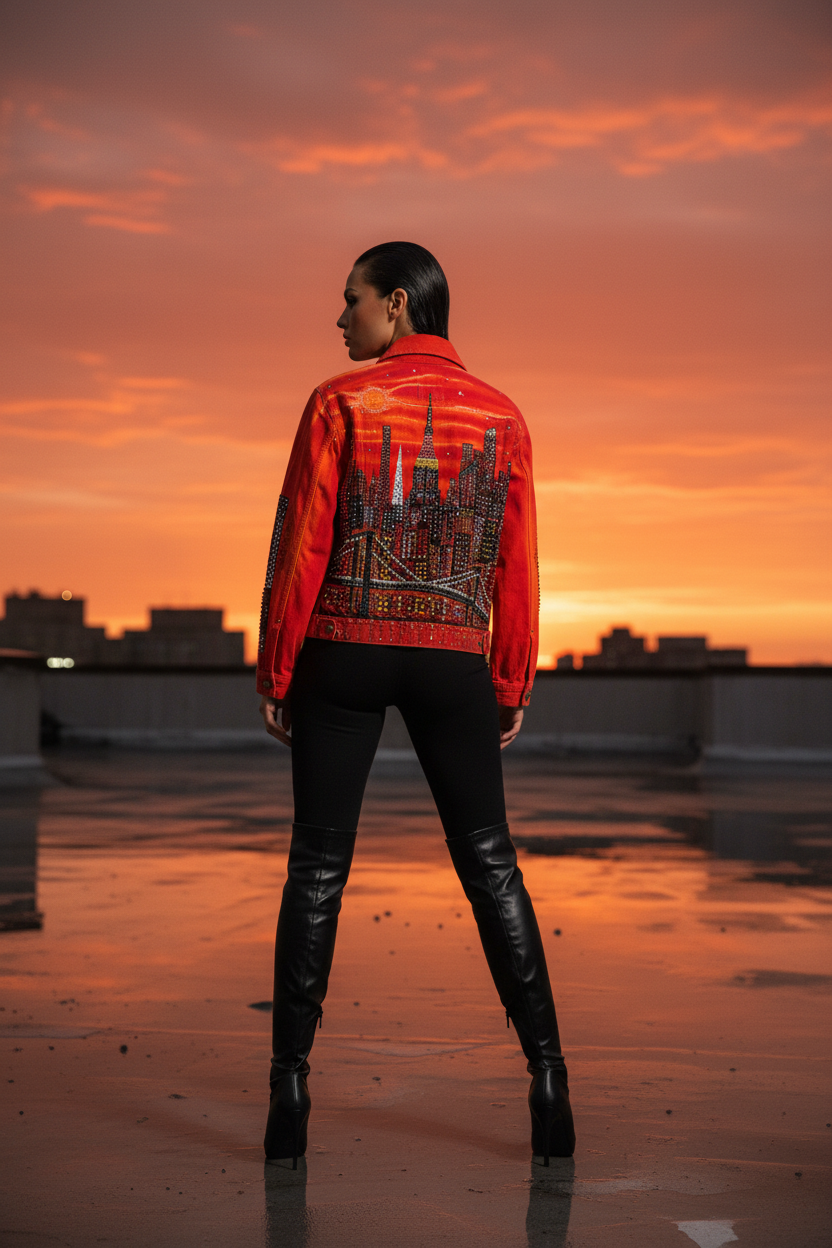 Person wearing a red jacket with a cityscape Loria NYC Art design, standing on a rooftop at sunset.