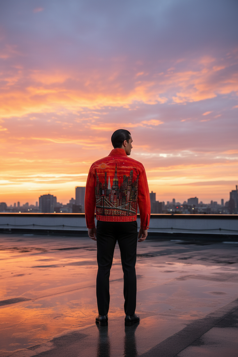 Person wearing a red Loria NYC Art jacket with a patterned back, standing on a rooftop with a cityscape and colorful sunset.