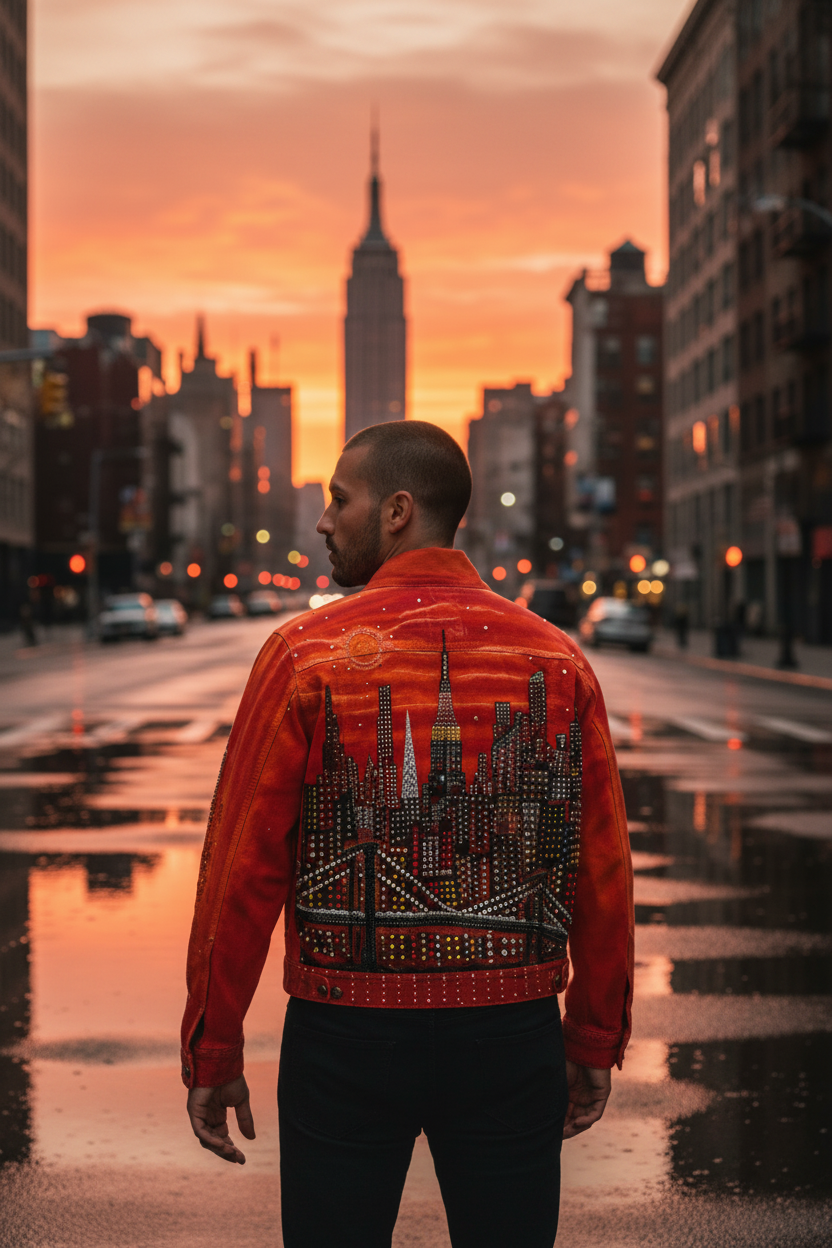 Man wearing a red jacket with a Loria NYC Art cityscape design, standing on a city street at sunset.