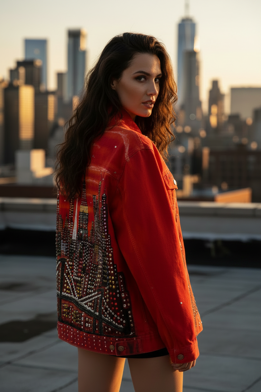 A woman stands on a rooftop at sunset wearing a bright red denim Loria NYC Art jacket heavily embellished with rhinestones and beads across the back, with a blurred city skyline in the background.