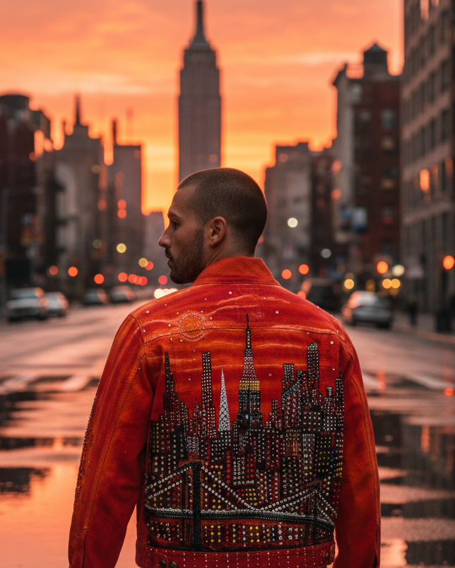 Man wearing a red jacket with a cityscape Loria NYC Art design, standing on a city street at sunset.