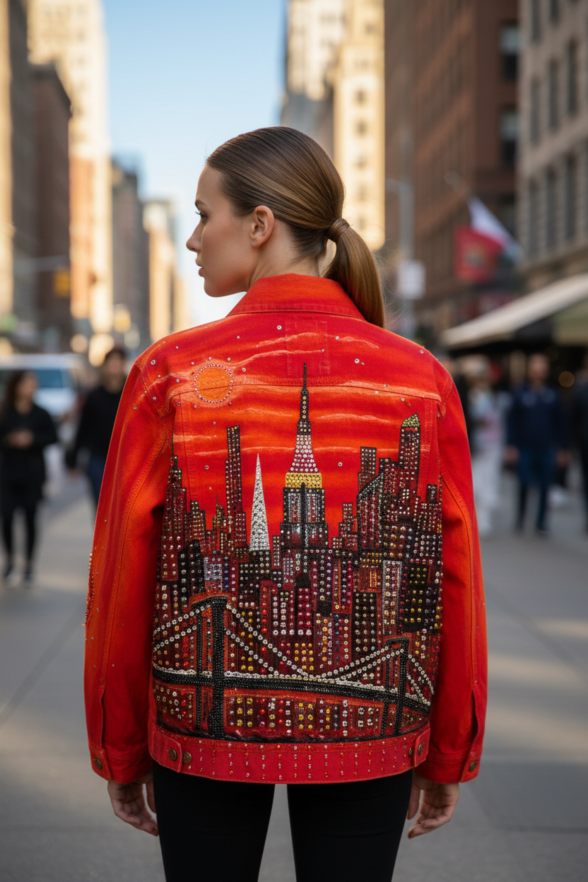 Person wearing a red jacket with a cityscape Loria NYC Art design on a city street