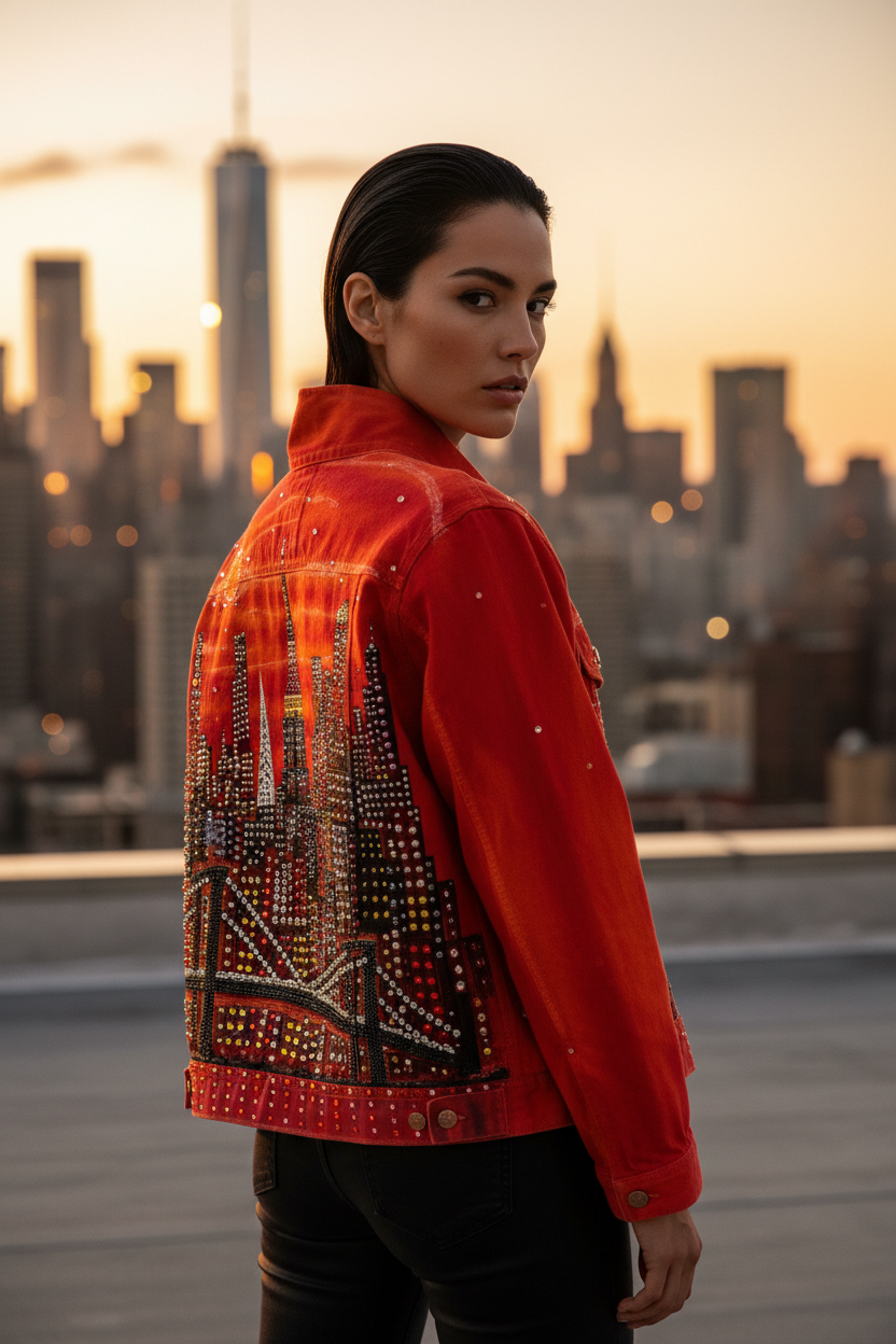 A woman wearing a bright red denim jacket with a large black and multicolor city skyline Loria NYC Art embellished with rhinestones, photographed outdoors against a blurred city skyline at sunset.
