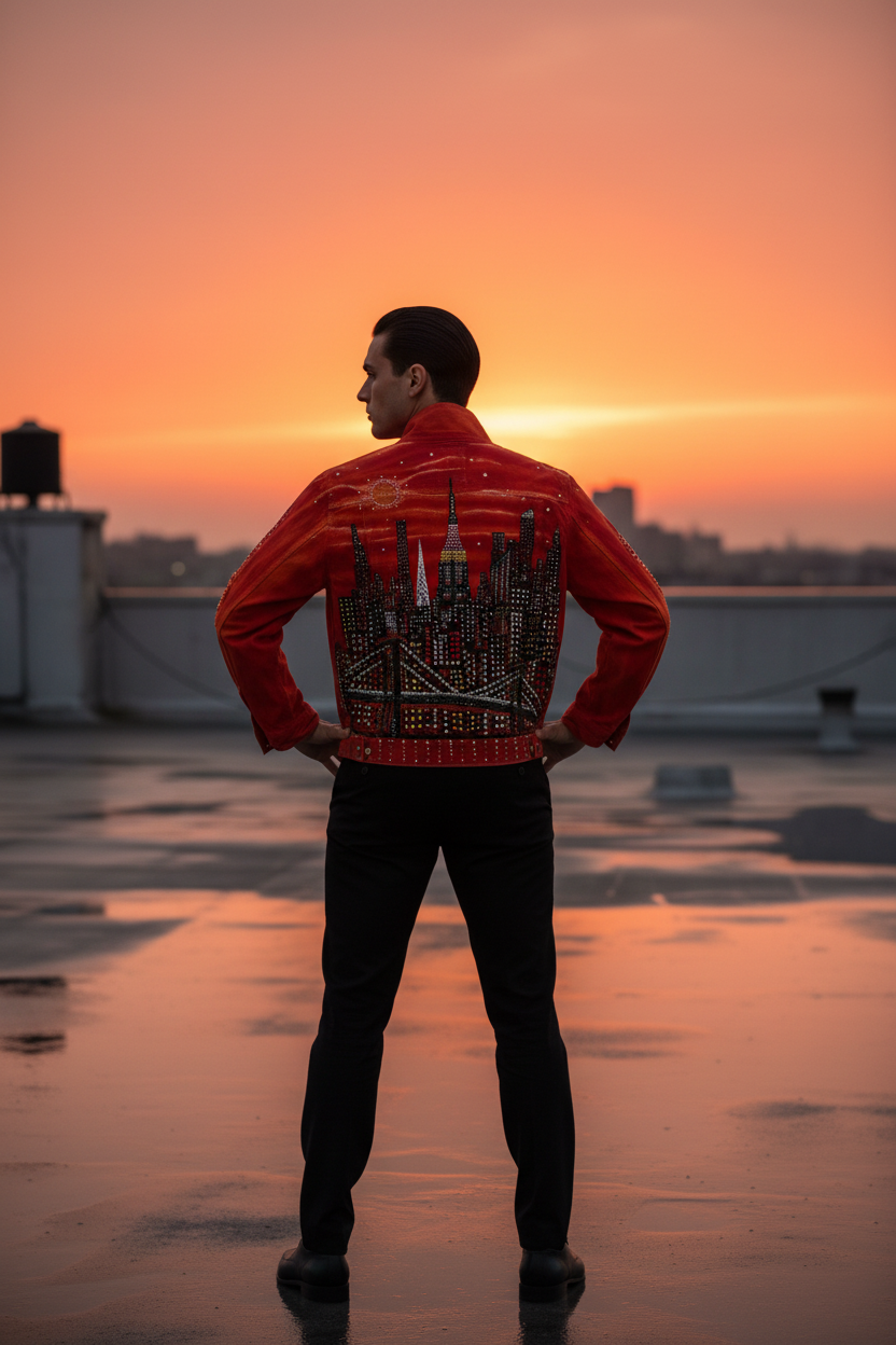 Person wearing a red jacket with a cityscape Loria NYC Art design, standing on a rooftop at sunset.