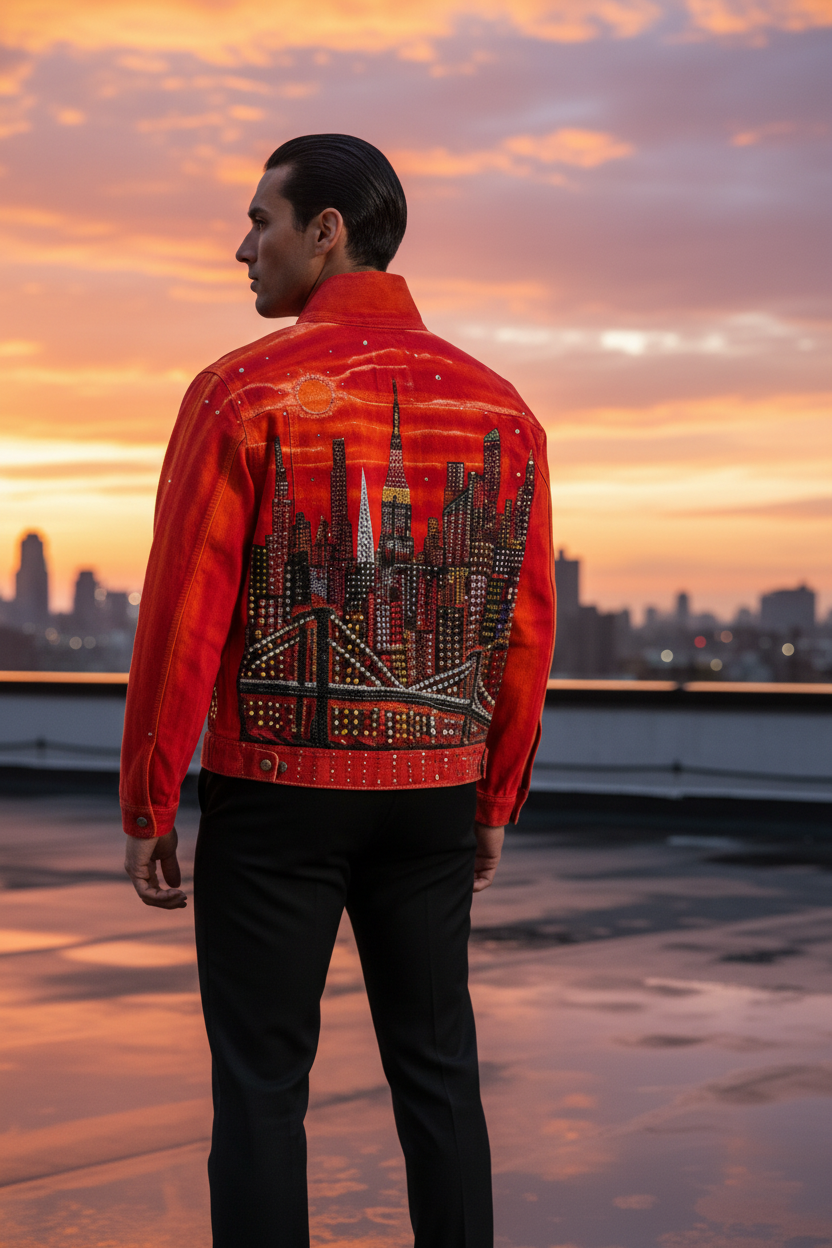 Person wearing a red jacket with a cityscape Loria NYC Art design, standing on a rooftop at sunset.