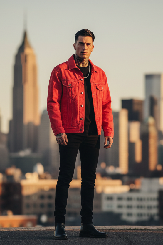 Red Loria NYC Art jacket with the skyline in the background