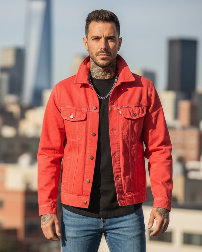 Man wearing a red Loria NYC Art jacket with a city skyline in the background
