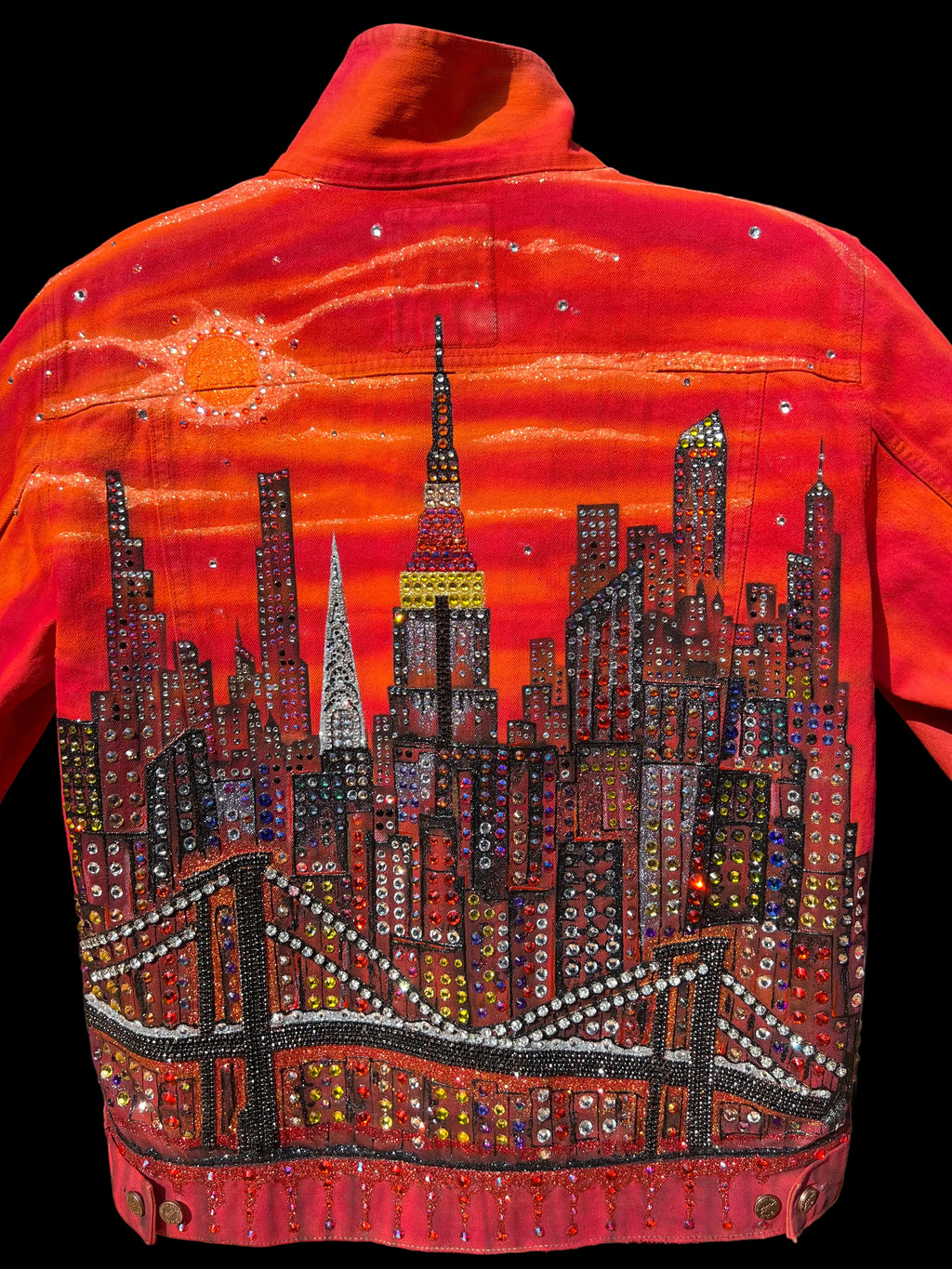 Decorative  Loria NYC Art with intricate beadwork on a red background