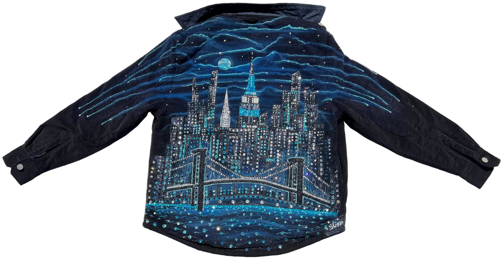 Black jacket with a cityscape Loria NYC Art design on a white background