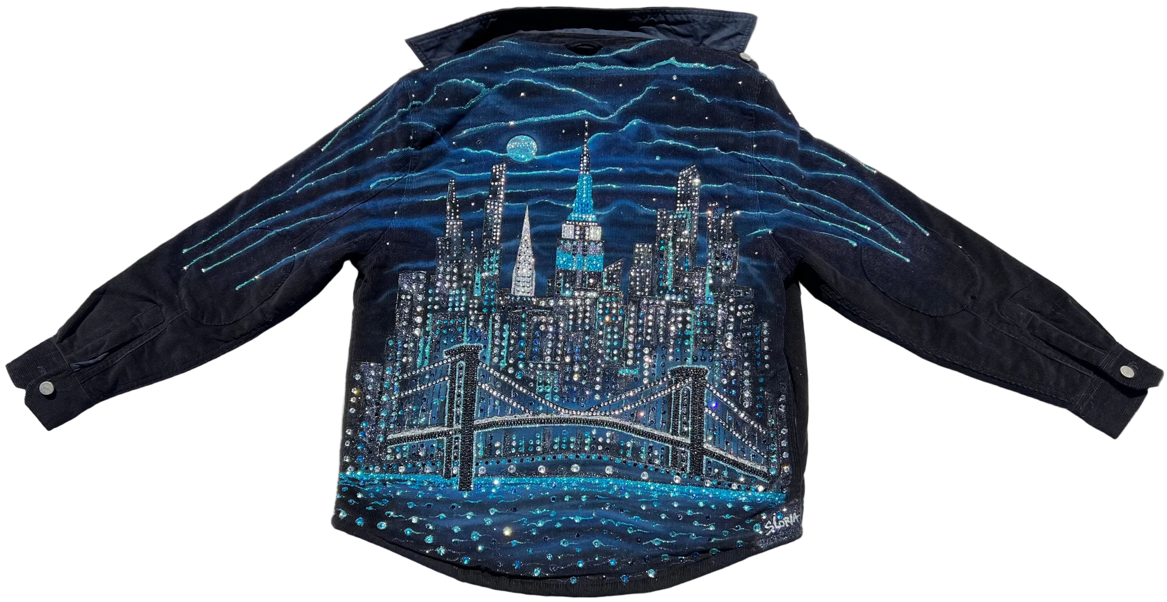 Black jacket with a cityscape Loria NYC Art design on a white background