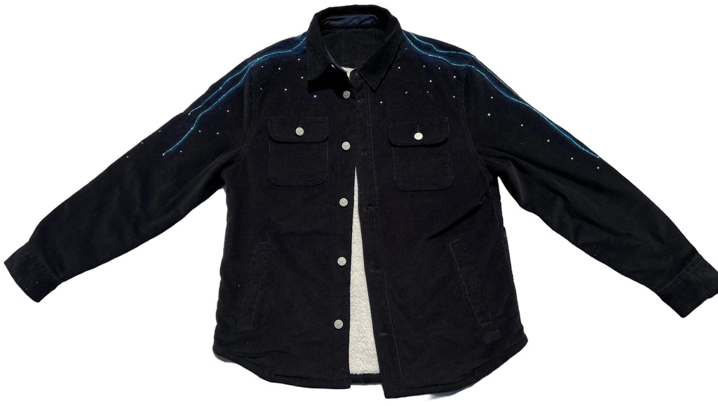 Black denim Loria NYC Art shirt on a white background