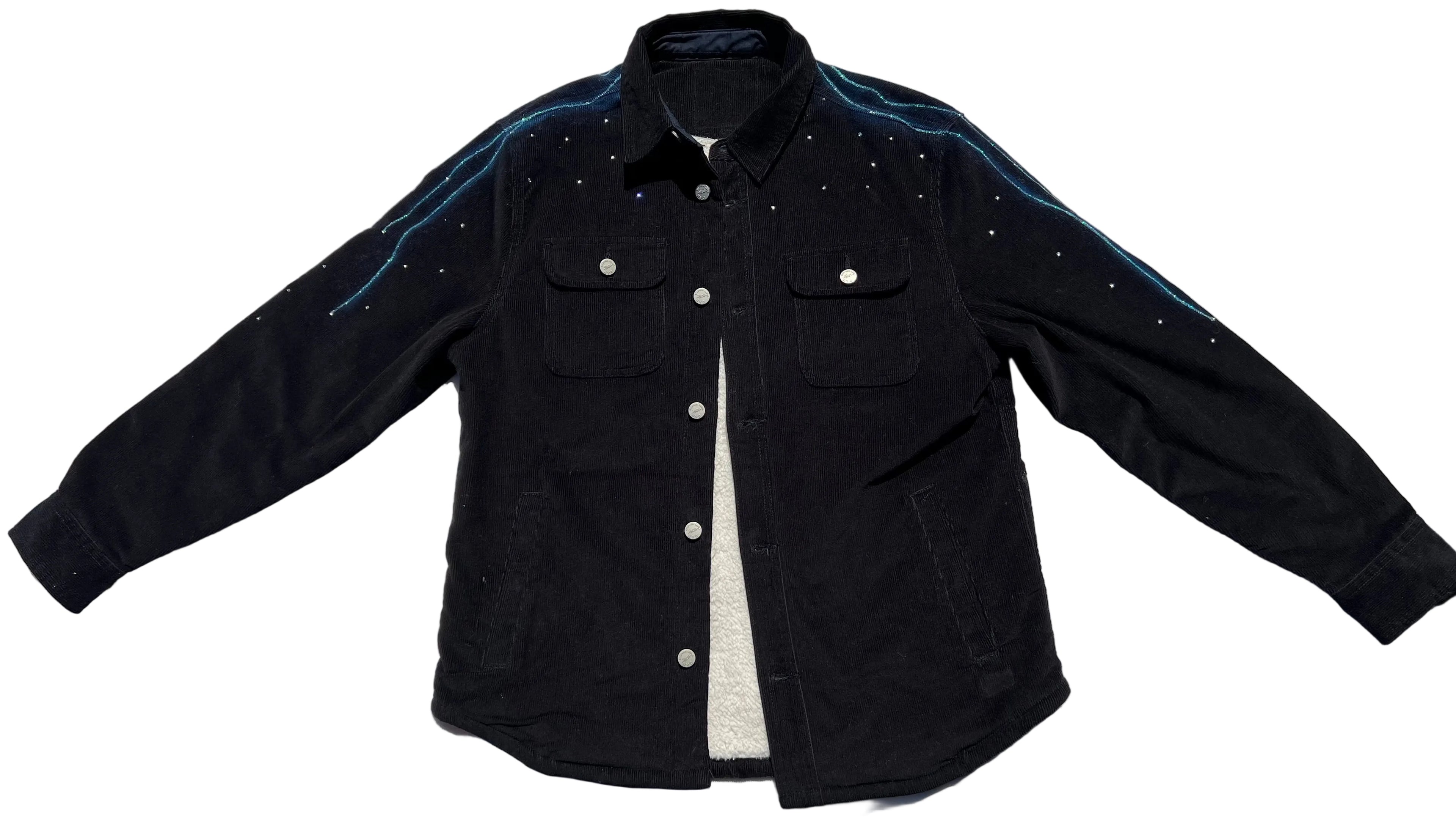 Black denim Loria NYC Art shirt on a white background