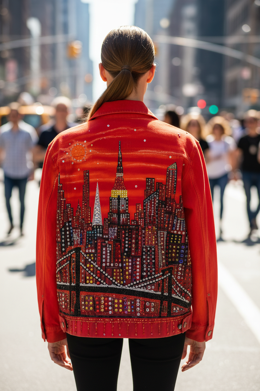 Person wearing a red jacket with a cityscape Loria NYC Art design on a busy street.