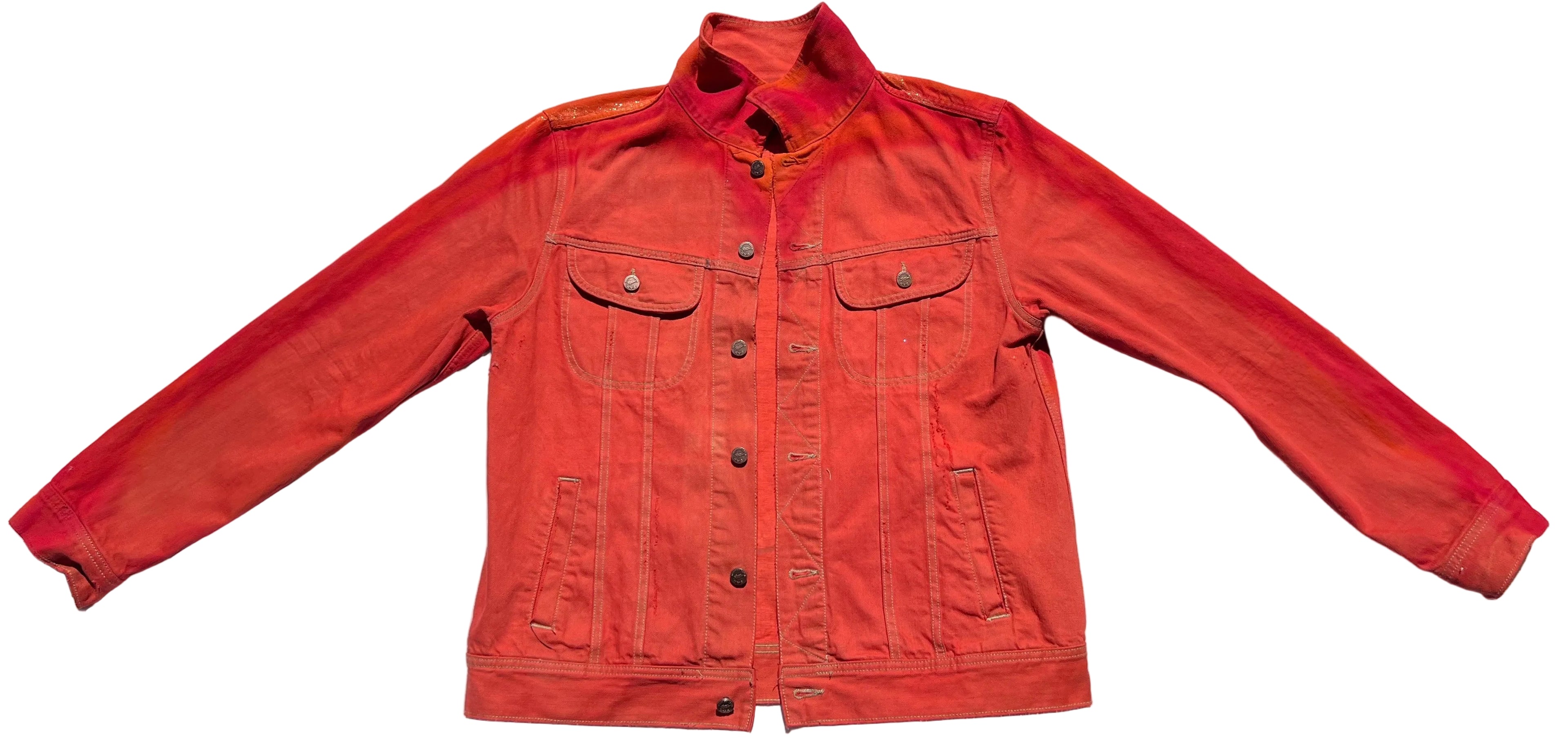 Front of an orange jacket with a Loria NYC Art on a white background 