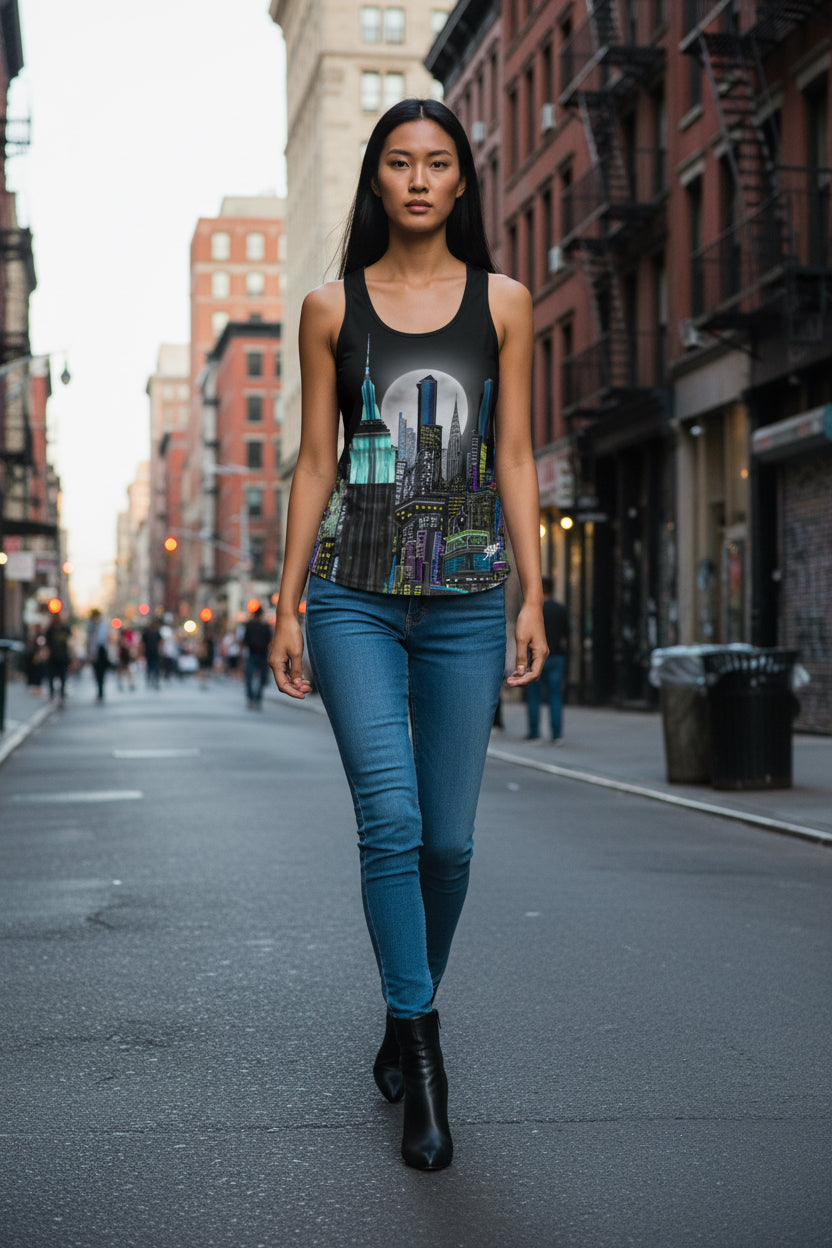 Woman walking on a city street wearing a tank top with a cityscape designed by Loria NYC Art