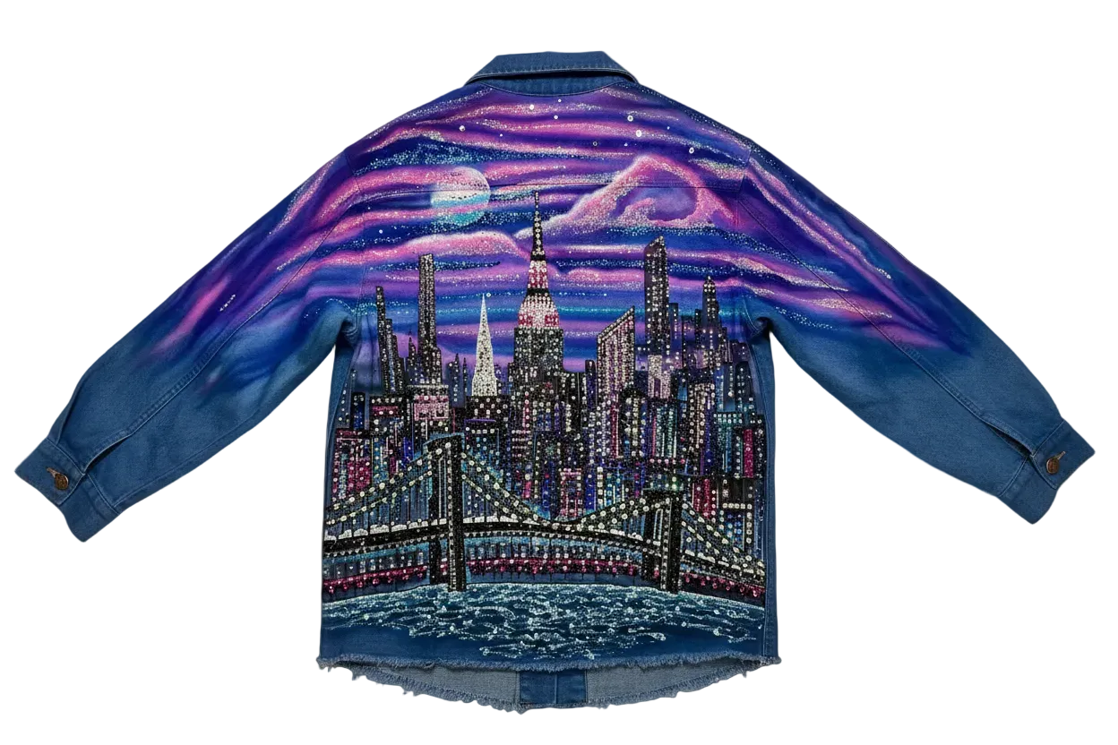 Denim jacket with a Loria NYC Art cityscape and night sky design on a white background