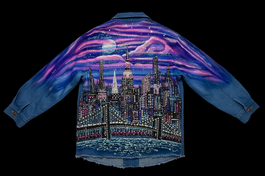 Denim jacket with a Loria NYC Art cityscape painting on the back against a white background